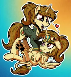 Size: 2617x2847 | Tagged: alicorn, alicorn oc, artist:gray--day, bellyrubs, chest fluff, clothes, cute, derpibooru import, duo, female, jewelry, oc, oc:katya ironstead, paws, ponytail, red eyes, safe, self paradox, sphinx, unofficial characters only