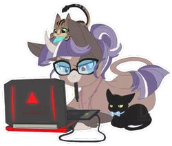 Size: 500x424 | Tagged: safe, artist:curiouskeys, derpibooru import, oc, oc:curious keys, unofficial characters only, cat, hinny, pony, unicorn, computer, curved horn, glasses, laptop computer, ponysona, simple background, transparent background