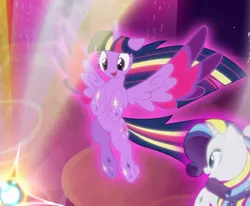 Size: 1088x895 | Tagged: safe, artist:light262, artist:lummh, derpibooru import, edit, rarity, twilight sparkle, twilight sparkle (alicorn), alicorn, pony, unicorn, comic:timey wimey, colored wings, cropped, female, floating, magic, magic aura, mare, multicolored wings, open mouth, rainbow of light, rainbow power, rainbow wings, smiling, solo, solo focus, spread wings, wings