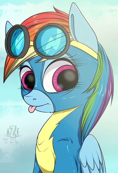 Size: 1579x2314 | Tagged: safe, artist:azerta56, derpibooru import, rainbow dash, clothes, goggles, solo, tongue out, uniform, wonderbolts uniform