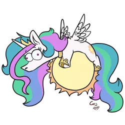 Size: 4200x4200 | Tagged: safe, artist:greyscaleart, derpibooru import, princess celestia, alicorn, pony, absurd resolution, crown, derp, female, jewelry, mare, prone, regalia, sillestia, silly, simple background, solo, sun, tangible heavenly object, transparent background