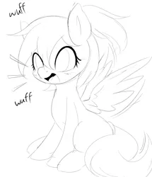 Size: 1869x2176 | Tagged: safe, artist:randy, derpibooru import, oc, oc:luftkrieg, unofficial characters only, dog, pegasus, pony, aryan, aryan pony, barking, behaving like a dog, blonde, cute, female, filly, luftkriebetes, monochrome, nazipone, pet, simple background, sitting, solo, white background