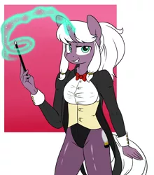 Size: 1280x1452 | Tagged: suggestive, artist:victoreach, derpibooru import, oc, oc:fates fortune, unofficial characters only, anthro, breasts, clothes, female, magic, magic aura, magician, magician outfit, magic wand, pantyhose, solo, solo female, tailcoat