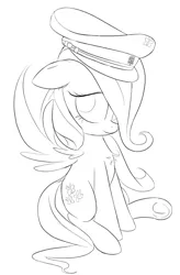 Size: 673x1026 | Tagged: safe, artist:otherdrawfag, derpibooru import, fluttershy, pegasus, pony, cute, fascism, female, floppy ears, germany, hat, lineart, looking at you, mare, military, monochrome, peaked cap, shyabetes, sitting, solo