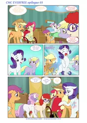 Size: 6611x9344 | Tagged: safe, artist:jeremy3, derpibooru import, apple bloom, applejack, dinky hooves, rarity, scootaloo, sweetie belle, twist, earth pony, pegasus, pony, unicorn, comic:everfree, comic:everfree cmc epilogue, absurd resolution, applejack is a spankaholic, bandage, blank flank, blushing, comic, comic sans, cutie mark crusaders, female, filly, freckles, horn ring, hospital, mare, ponyville hospital, septet, slap, spanking, speech bubble, text, wheelchair