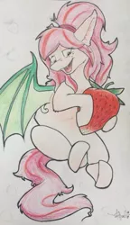 Size: 365x635 | Tagged: safe, artist:scruffy-scribbles, derpibooru import, oc, unofficial characters only, bat pony, pony, food, solo, strawberry, traditional art