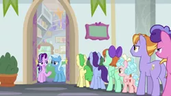 Size: 1280x720 | Tagged: safe, derpibooru import, screencap, auburn vision, berry blend, berry bliss, cozy glow, huckleberry, november rain, peppermint goldylinks, starlight glimmer, trixie, earth pony, pegasus, pony, unicorn, road to friendship, bow, butt, cozy glutes, female, filly, friendship student, hair bow, male, mare, plot, stallion, starlight's office