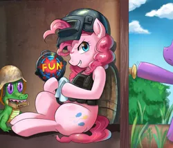Size: 800x686 | Tagged: safe, artist:tzc, derpibooru import, gummy, pinkie pie, twilight sparkle, alligator, earth pony, pony, body armor, crossover, female, frying pan, helmet, mare, offscreen character, pet, playerunknown's battlegrounds, video game