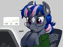 Size: 800x600 | Tagged: safe, artist:amarynceus, deleted from derpibooru, derpibooru import, oc, oc:amarynceus, unofficial characters only, pony, unicorn, chart, doodle, ear piercing, earring, eeee, female, glasses, gray background, jewelry, mare, mouth hold, office, pen, piercing, simple background, sitting, solo, star (coat marking)