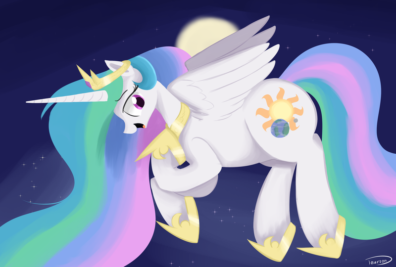 Size: 2515x1699 | Tagged: safe, artist:taurson, derpibooru import, princess celestia, alicorn, pony, atg 2018, earth, female, giant pony, giantlestia, goddess, macro, moon, newbie artist training grounds, open mouth, planet, pony bigger than a planet, solo, space, stars, sun