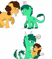 Size: 900x1020 | Tagged: artist:h0mi3, awww, blushing, colt, couple, crush, derpibooru import, dracony, duo, female, filly, heart, hybrid, interspecies offspring, male, oc, oc:kygo, oc:sweet apple, offspring, parent:applejack, parent:caramel, parent:rarity, parents:carajack, parent:spike, parents:sparity, safe, sweet, tsundere