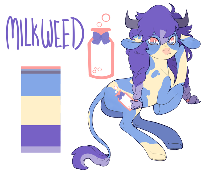 Size: 1024x856 | Tagged: artist:delzol, braid, cow, derpibooru import, horns, interspecies offspring, milk, oc, oc:milkweed, offspring, parent:coco pommel, pigtails, reference sheet, safe, solo