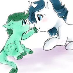 Size: 1024x1024 | Tagged: safe, artist:h0mi3, derpibooru import, oc, oc:kygo, oc:sapphire, unofficial characters only, dracony, hybrid, pony, unicorn, awww, baby, brother and sister, cute, duo, female, filly, half-siblings, interspecies offspring, male, offspring, parent:fancypants, parent:rarity, parent:spike, parents:raripants, parents:sparity