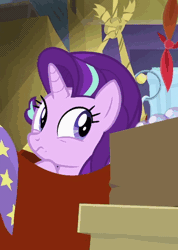 Size: 384x540 | Tagged: safe, derpibooru import, edit, edited screencap, screencap, starlight glimmer, pony, unicorn, road to friendship, :t, animated, box, derp, duo, duo female, faic, female, frown, hammock, looking back, mare, nose wrinkle, on back, puffy cheeks, pushing, scrunchy face, solo focus, squeezing, squishy, squishy cheeks, stuck, wavy mouth, wide eyes