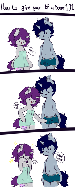 Size: 2002x4940 | Tagged: questionable, artist:wickedsilly, derpibooru import, oc, oc:sleepy head, oc:wicked silly, semi-anthro, unicorn, boxer briefs, clothes, comic, couple, erection, female, funny porn, male, oc x oc, penis, shipping, simple background, smiling, straight, towel, white background, wickedsleepy