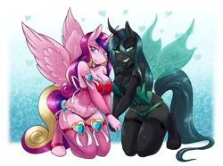 Size: 3000x2226 | Tagged: suggestive, artist:ambris, derpibooru import, princess cadance, queen chrysalis, alicorn, anthro, changeling, changeling queen, unguligrade anthro, beautisexy, blushing, bra, breasts, busty princess cadance, busty queen chrysalis, cleavage, clothes, duo, duo female, female, holding hands, kneeling, lidded eyes, lingerie, looking at you, mare, milf, panties, smiling, socks, stockings, thigh highs, underwear, wings