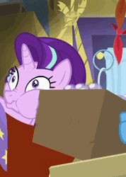 Size: 384x540 | Tagged: safe, derpibooru import, edit, edited edit, edited screencap, screencap, starlight glimmer, trixie, pony, unicorn, road to friendship, :t, animated, box, derp, duo, duo female, faic, female, frown, hammock, looking back, mare, nose wrinkle, on back, puffy cheeks, pushing, scrunchy face, solo focus, squeezing, squishy, squishy cheeks, stuck, wavy mouth, wide eyes