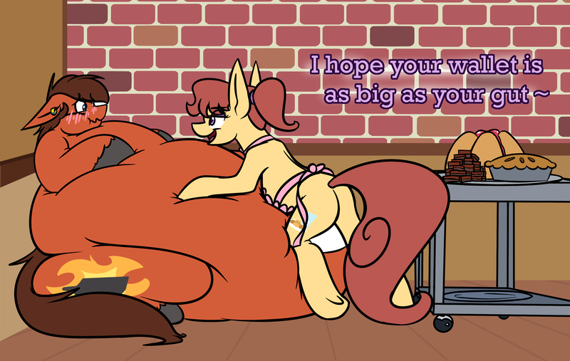 Size: 3416x2167 | Tagged: questionable, artist:snickerdoodle-mod, derpibooru import, part of a set, oc, oc:lingering ember, oc:snicker doodle, unofficial characters only, earth pony, pony, apron, bakery, bedroom eyes, belly, belly bed, bhm, big belly, blushing, chubby cheeks, clothes, dialogue, duo, ear piercing, earring, fat, female, floppy ears, food, impossibly large belly, jewelry, lying on top of belly, lying on top of someone, male, morbidly obese, obese, part of a series, pie, piercing, squishy, stuffed, this will end in bankruptcy, weight gain sequence