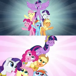 Size: 1920x1920 | Tagged: safe, derpibooru import, screencap, applejack, fluttershy, pinkie pie, rainbow dash, rarity, twilight sparkle, twilight sparkle (alicorn), alicorn, pegasus, pony, unicorn, all bottled up, magical mystery cure, a true true friend, best friends until the end of time, big crown thingy, comparison, element of generosity, element of honesty, element of laughter, element of magic, female, jewelry, mane six, mare, regalia, unicorn twilight