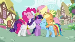 Size: 1280x720 | Tagged: safe, derpibooru import, screencap, applejack, fluttershy, pinkie pie, rainbow dash, rarity, twilight sparkle, pegasus, pony, unicorn, magical mystery cure, big crown thingy, elements of harmony, female, group hug, hug, jewelry, mane six, mare, regalia, unicorn twilight