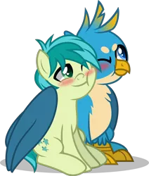 Size: 4000x4719 | Tagged: safe, artist:orin331, derpibooru import, gallus, sandbar, earth pony, gryphon, pony, beak, blushing, cheek squish, cute, cutie mark, gallabetes, gallbar, gay, hug, male, sandabetes, shipping, simple background, squishy cheeks, teenager, transparent background, tsundere, winghug