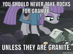 Size: 750x558 | Tagged: safe, derpibooru import, edit, edited screencap, screencap, maud pie, earth pony, pony, rock solid friendship, animated, clothes, female, granite, image macro, looking down, mare, meme, pun, rock, solo