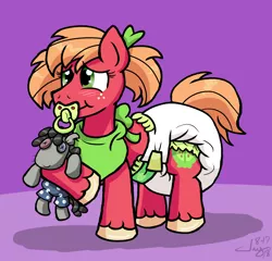 Size: 1166x1118 | Tagged: abdl, adult foal, artist:jaymanney4life, bib, big macintosh, crossdressing, cute, derpibooru import, diaper, diaper fetish, femboy, fetish, macabetes, male, pacifier, pigtails, poofy diaper, sissy, smarty pants, solo, solo male, suggestive
