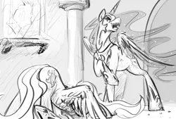 Size: 1324x896 | Tagged: artist:testostepone, derpibooru import, gloating, laughing, nightmare moon, princess celestia, safe, sketch