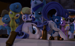 Size: 1120x686 | Tagged: 3d, alcohol, animated, artist:fishimira, beauty brass, beer, beer bottle, cherry berry, cherry cola, cherry fizzy, cloud kicker, copper top, derpibooru import, drunk, drunk rarity, face down ass up, hiccups, lemon hearts, minuette, need to pee, night glider, omorashi, pissing, police, potty time, public urination, rarity, source filmmaker, suggestive, urine