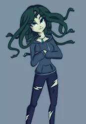 Size: 588x849 | Tagged: safe, artist:wubcakeva, derpibooru import, oc, oc:medusa, unofficial characters only, gorgon, medusa, equestria girls, anime style, casual, clothes, crossed arms, equestria girls-ified, gray background, hoodie, pants, simple background, solo