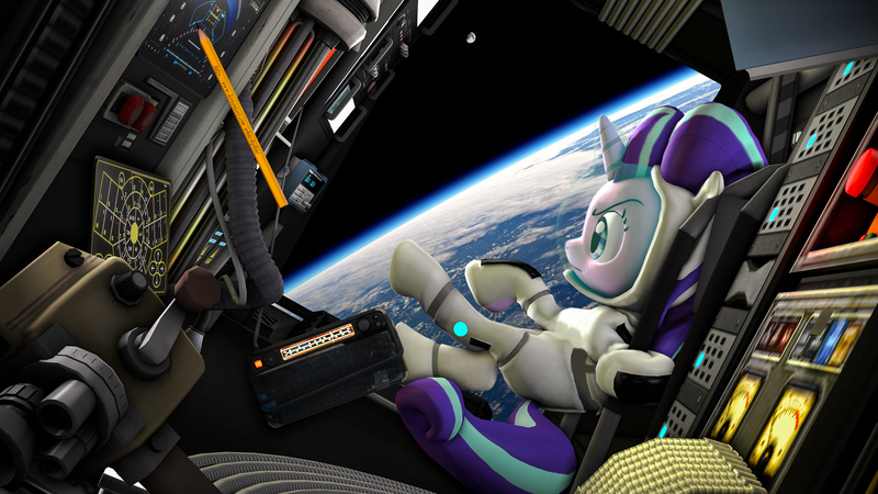 Size: 3840x2160 | Tagged: safe, artist:whiteskyline, derpibooru import, starlight glimmer, pony, 3d, astronaut, camera, cockpit, digital art, error, female, high res, mare, moon, orbit, pencil, solo, space, spaceship, spacesuit, zero gravity