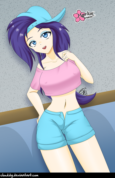 Size: 646x1000 | Tagged: suggestive, alternate version, artist:clouddg, derpibooru import, rarity, equestria girls, friendship university, alternate hairstyle, backwards ballcap, bare shoulders, baseball cap, belly button, cap, clothes, denim shorts, equestria girls interpretation, erect nipples, female, hat, human coloration, looking at you, midriff, nipple outline, open mouth, plainity, scene interpretation, shorts, signature, solo, unbuttoned