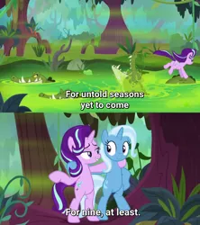 Size: 1470x1659 | Tagged: safe, derpibooru import, edit, edited screencap, screencap, starlight glimmer, trixie, crocodile, pony, unicorn, road to friendship, season 9, bipedal, breaking the fourth wall, duo, duo female, female, fourth wall, glimmer glutes, harsher in hindsight, hilarious in hindsight, jumping, mare, plot, subtitles, swamp, we're friendship bound