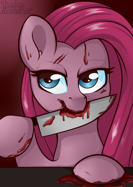 Size: 1181x1654 | Tagged: artist:shadowreindeer, blood, derpibooru import, female, grimdark, knife, mare, pinkamena diane pie, pinkie pie, solo