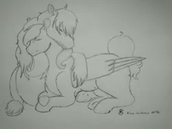 Size: 1040x780 | Tagged: safe, artist:kiralindocruz, derpibooru import, big macintosh, fluttershy, cuddling, female, fluttermac, male, missing cutie mark, neck nuzzle, pencil drawing, pregnant, shipping, straight, traditional art