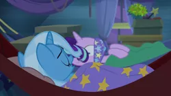 Size: 1280x720 | Tagged: safe, derpibooru import, screencap, starlight glimmer, trixie, pony, unicorn, road to friendship, cloth gag, duo, duo female, female, gag, gagging, hammock, mare, out of context, sleeping