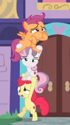 Size: 350x621 | Tagged: apple bloom, cropped, cutie mark crusaders, derp, derpibooru import, dizzy, hoof in mouth, marks for effort, nauseous, open mouth, pony pile, safe, school of friendship, scootaloo, screencap, spoiler:s08, standing, sweetie belle, tower of pony