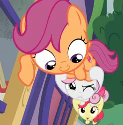 Size: 602x610 | Tagged: safe, derpibooru import, screencap, apple bloom, scootaloo, sweetie belle, earth pony, pegasus, pony, unicorn, marks for effort, spoiler:s08, cropped, cute, cutealoo, cutie mark crusaders, female, filly, looking down, looking up, one eye closed, open mouth, pony pile, school of friendship, smiling, standing, tower of pony