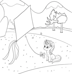 Size: 1200x1224 | Tagged: safe, artist:alloco, derpibooru import, starlight glimmer, pony, unicorn, atg 2018, flying kite, glowing horn, kite, monochrome, newbie artist training grounds, solo, that pony sure does love kites