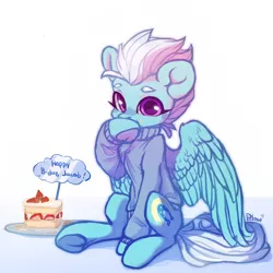 Size: 2000x2000 | Tagged: safe, artist:graypillow, derpibooru import, fleetfoot, pegasus, pony, birthday cake, cake, clothes, cute, diafleetes, eating, female, food, food on face, mare, simple background, sitting, solo, sweater, underhoof, white background