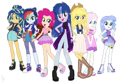 Size: 2760x1890 | Tagged: safe, artist:ilaria122, derpibooru import, oc, oc:applemel, oc:chocolate candy, oc:harmony, oc:sapphire blue, oc:shining swirls, oc:sky, oc:velvet star, hybrid, equestria girls, applejack's hat, belt, boots, bracelet, cardigan, choker, clothes, converse, cowboy boots, cowboy hat, denim jacket, denim skirt, dress, hat, high heel boots, high heels, interspecies offspring, jacket, jeans, jersey, jewelry, leather jacket, leggings, miniskirt, next generation, offspring, pants, parent:applejack, parent:caramel, parent:cheese sandwich, parent:discord, parent:fancypants, parent:flash sentry, parent:fluttershy, parent:pinkie pie, parent:rainbow dash, parent:rarity, parent:soarin', parent:sunset shimmer, parent:twilight sparkle, parents:carajack, parents:cheesepie, parents:discoshy, parents:flashimmer, parents:flashlight, parents:raripants, parents:soarindash, sandals, shoes, simple background, skirt, sneakers, socks, spiked belt, spiked choker, spiked wristband, sports bra, transparent background, wall of tags, wristband, zipper