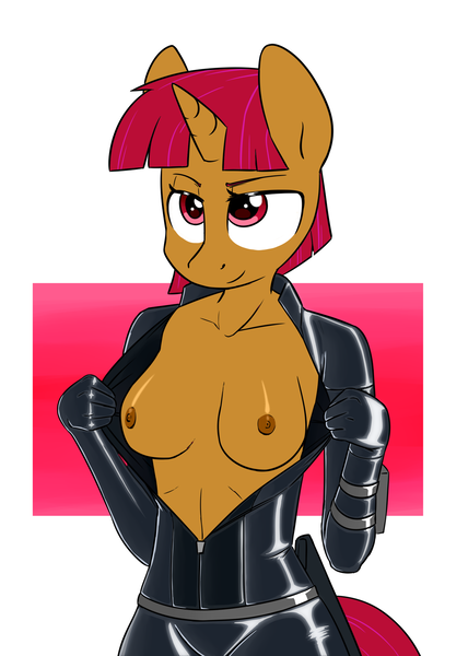 Size: 1280x1794 | Tagged: questionable, artist:victoreach, derpibooru import, oc, oc:tsangefis, unofficial characters only, anthro, unicorn, abstract background, anthro oc, breasts, female, flashing, latex, latex suit, nipples, nudity, simple background, solo, solo female