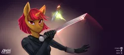 Size: 2560x1140 | Tagged: safe, artist:varllai, derpibooru import, oc, oc:tsangefis, unofficial characters only, anthro, unicorn, anthro oc, bodysuit, female, looking at you, magic, signature, solo, sword, weapon