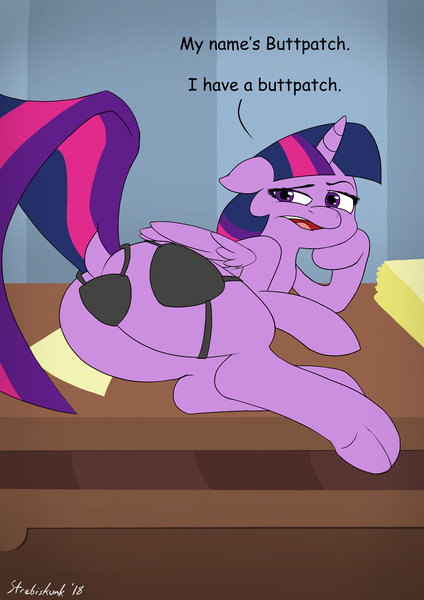 Size: 1240x1754 | Tagged: suggestive, alternate version, artist:strebiskunk, derpibooru import, edit, twilight sparkle, twilight sparkle (alicorn), oc, oc:buttpatch, alicorn, pony, friendship university, desk, dock, eyepatch, eyepatch (disguise), female, pose, raised tail, solo, speech, tail