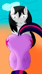 Size: 1080x1920 | Tagged: suggestive, artist:jimmy draws, derpibooru import, twilight sparkle, twilight sparkle (alicorn), oc, oc:misterious jim, alicorn, pony, both cutie marks, cutie mark, plot, princess of friendship, semi-god