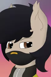 Size: 1000x1500 | Tagged: safe, artist:feelingpandy, derpibooru import, oc, oc:tsuki, unofficial characters only, bat pony, brown eyes, bust, clothes, face mask, fortnite, gradient background, looking away, male, mask, raised eyebrow, solo