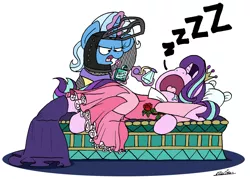 Size: 2353x1687 | Tagged: safe, artist:bobthedalek, derpibooru import, starlight glimmer, trixie, ponified, pony, actually pretty funny, bad breath, bed, blanket, breath mint, clothes, crown, dress, drool, female, flower, helmet, jewelry, mare, open mouth, regalia, rose, simple background, sleeping, sleeping beauty, snorelight glimmer, snoring, white background, zzz