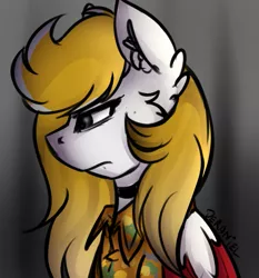 Size: 721x772 | Tagged: safe, artist:deraniel, derpibooru import, oc, oc:silver hush, pegasus, pony, clothes, ear fluff, female, fluffy, mare, ponysona, sad, shirt, solo