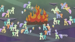 Size: 1920x1080 | Tagged: background hippogriff, bonfire, classical hippogriff, clones, derpibooru import, fire, hippogriff, jaffa cake (hippogriff), laguna, safe, screencap, the hearth's warming club, three days of freedom, unnamed character