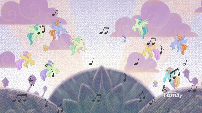 Size: 1920x1080 | Tagged: background hippogriff, classical hippogriff, clones, derpibooru import, eyes closed, flying, harmonizing heights, hippogriff, jaffa cake (hippogriff), laguna, music notes, safe, screencap, the hearth's warming club, unnamed character